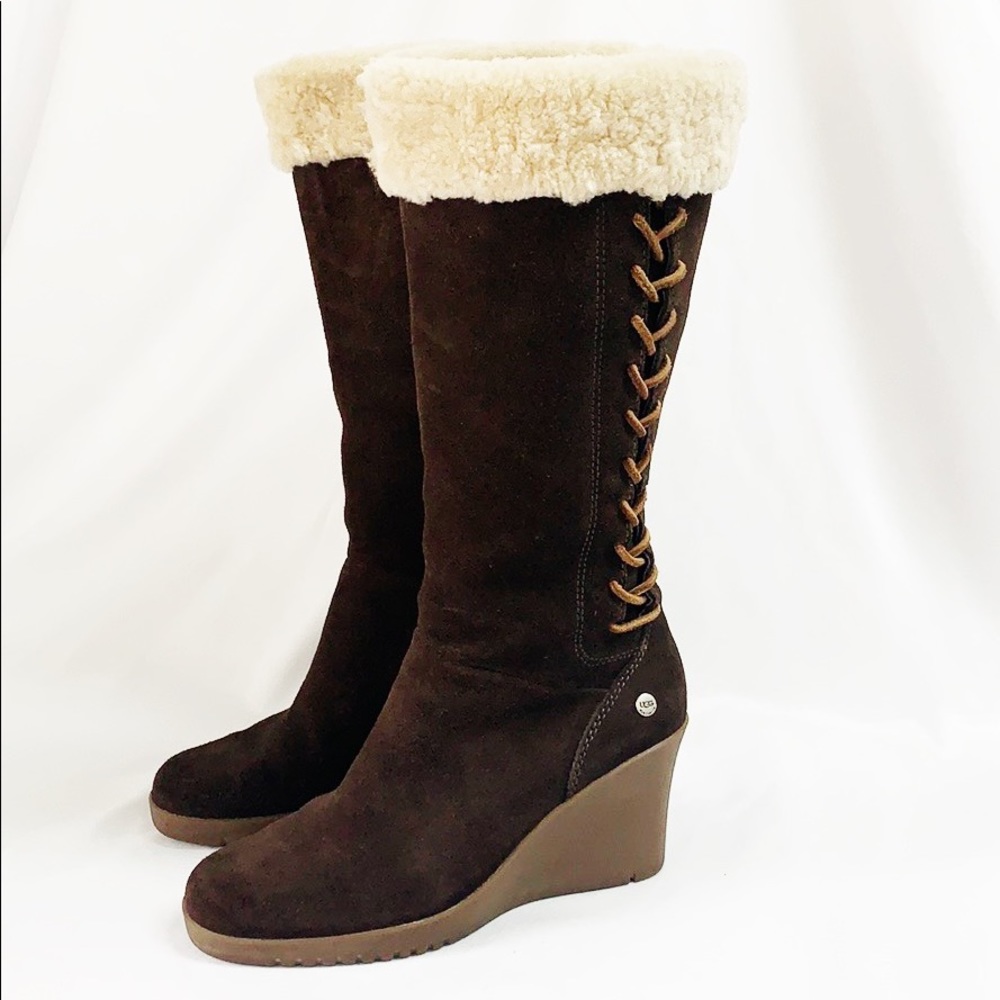 UGG Brown Suede Wedge High Boots With Shearling